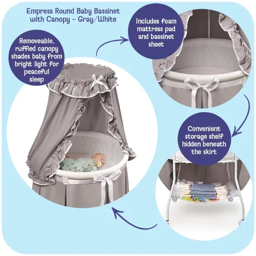Vista 3 de Badger Basket Moisés Empress para bebé y cama de noche con ropa de cama, almohadilla y cesta de almacenamiento, gris/blanco