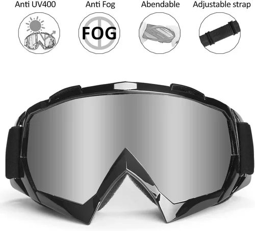 Vista 2 de Gafas de motocicleta, gafas para bicicleta de tierra y motocross, anti UV y a prueba de polvo, flexibles, lente plateada antiniebla
