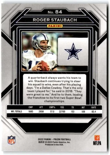 Vista 2 de 2022 Panini Prizm Football #84 Roger Staubach Dallas Cowboys Official NFL Trading Card (Stock Photo shown, card is in Near Mint to Mint Condition)