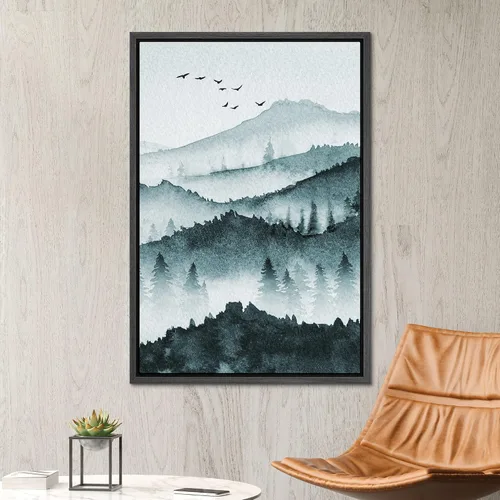 Vista 2 de SIGNWIN Lienzo enmarcado para pared, decoración de guardería de bosques, pájaros, acuarela, montaña, bosque, naturaleza, arte moderno, paisaje