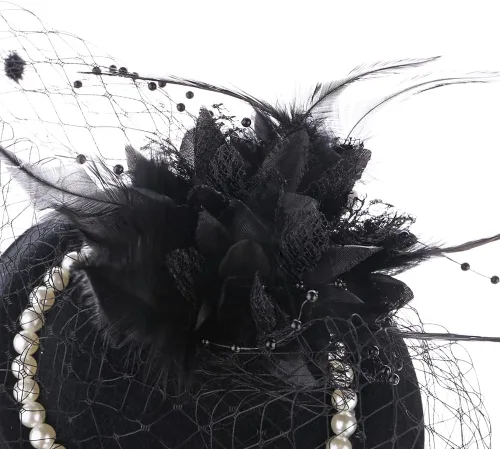 Vista 5 de NYTAZAJIX Tocado con plumas y flores, sombrero de pastillero de los años 50, velo de cóctel, fiesta de té, boda, con clips para mujer