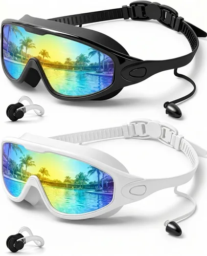 Vista 17 de Swim Goggles 2 Pack, Wide View Anti Fog&UV Swimming Goggles for Audlt, No Leak Pool Beach Essentials for Men Women Azul claro y rosa espejado