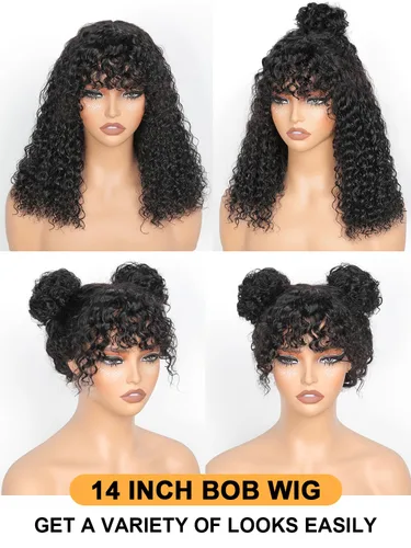 Vista 4 de Ruiyu Shaggy Haircuts Bob Curly Wig with Bangs Human Hair 2x4 HD Lace Closure Wear and Go Glueless Wig Water Wave Wigs with Bangs for Black Women