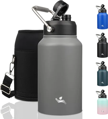 Vista 46 de Konokyo Jarra de medio galón con asa, botella de agua aislada de 64 onzas con bolsa de transporte, botella de metal de acero inoxidable al vacío