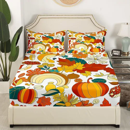 Vista 3 de Juego de sábanas ajustadas estilo 70s hippie retro para cama individual, juego vintage de otoño con hojas florales para niños y niños, juego de ropa