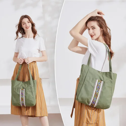 Vista 5 de MAZEXY Bolso de mano para mujer, grande, de lona bordada, bolso de mano de gran
