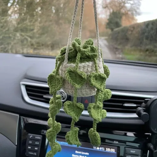 Vista 24 de Planta colgante de ganchillo para automóvil, colgador de espejo de automóvil de punto, cesta colgante de ganchillo para plantas de automóvil, lindos