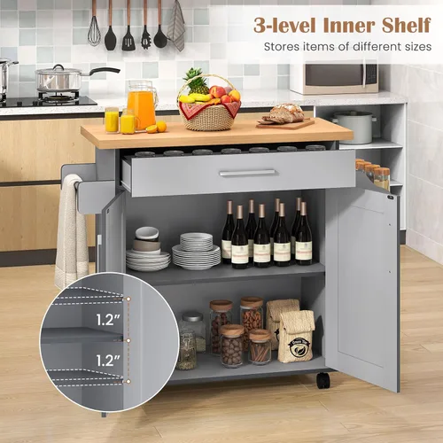 Vista 5 de Isla de cocina, carrito de almacenamiento rodante con cajones, armario grande, estante de especias y asa de toalla, carritos de cocina con ruedas