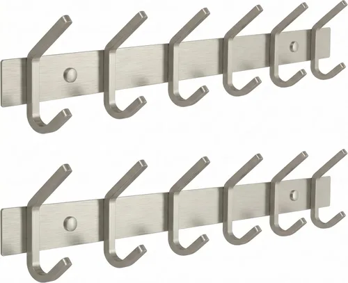 Vista 12 de Perchero pequeño de montaje en pared, de níquel cepillado, de acero inoxidable de 6 pulgadas, con 2 ganchos dobles resistentes, colgador de pared