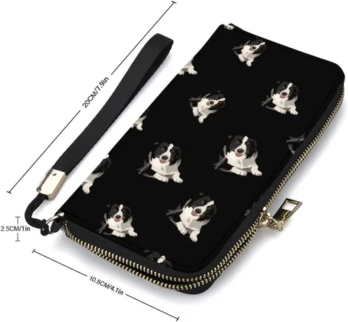 Vista 2 de Border Collie - Cartera de piel sintética con cremallera larga y correa de mano