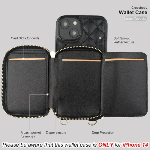 Vista 7 de Bocasal Funda tipo cartera cruzada para iPhone 14, con bloqueo RFID, de piel sintética, con cremallera, funda tipo cartera con función atril