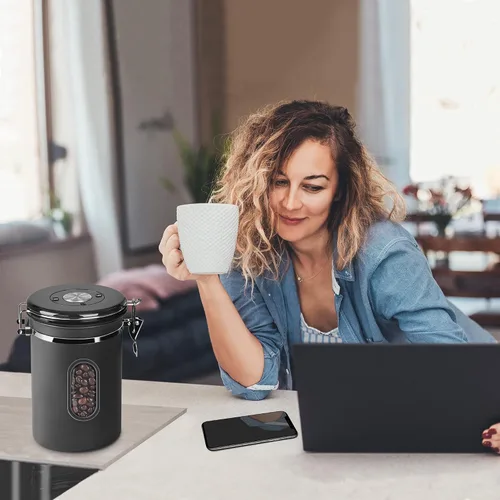 Vista 7 de Recipiente de café hermético de 50.7 fl oz con rastreador de fecha y ventana transparente, almacenamiento de granos de café de 18 onzas fluidas