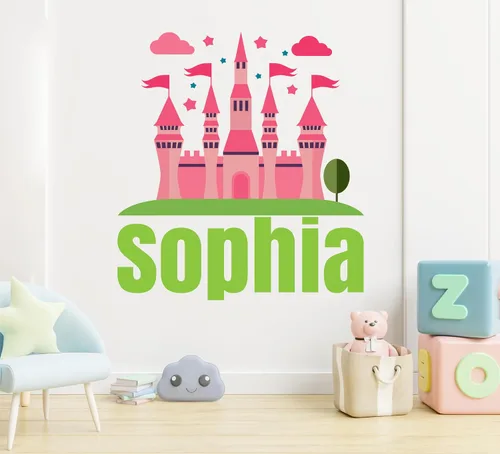 Vista 2 de Calcomanía de pared de castillo de princesa con nombre personalizado, mural de castillo de despegar y pegar para habitación de niñas, guardería