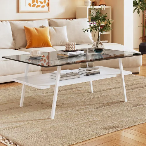 Vista 2 de Mesa de centro de cristal para sala de estar, mesa de centro de 2 niveles de mediados de siglo, mesa central con parte superior de vidrio templado