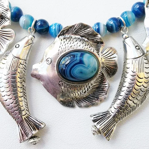 Vista 3 de 5 Silver Fish Pendants Nautical Gemstone Blue Agate Necklace Earrings One of a Kind