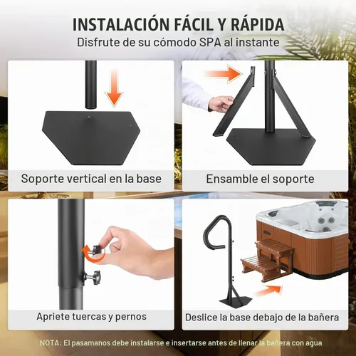 Vista 6 de VEVOR Pasamanos para Bañera de Hidromasaje, Pasamanos Lateral para Spa Giratorio 360° con Altura Ajustable de 48"-63", Barandilla de Aluminio