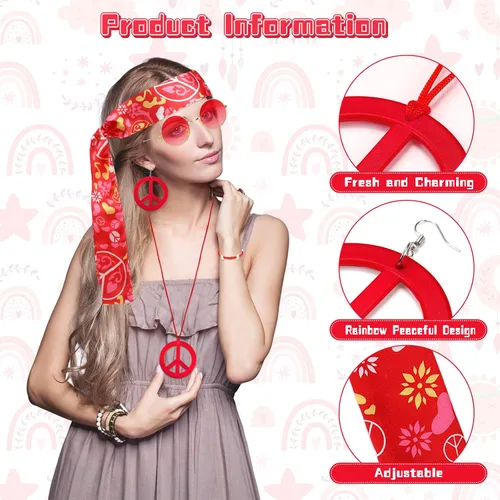 Vista 3 de Batiyeer 6 piezas de accesorios hippie para mujer, aretes bohemios con signo de la paz de los años 60 y 70, trajes para mujer, recuerdo de fiesta