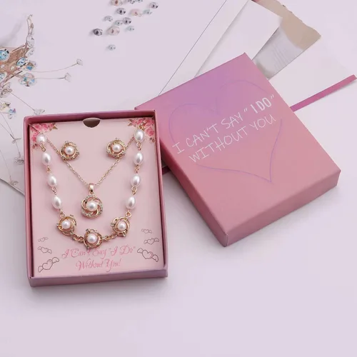 Vista 2 de Juego de joyas de dama de honor para mujer, chapado en oro de 18 quilates, plata y oro rosa, dije de nudo de amor con collar de perlas, aretes