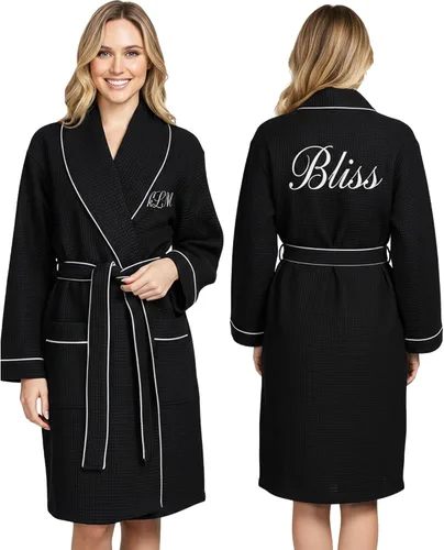 Vista 24 de Lotus Linen Women’s Lightweight Waffle Spa Robes – Soft Cotton Knee Length Bathrobe, Personalized Bridesmaids Robe Negro