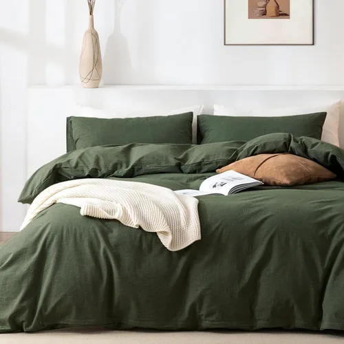 Vista 10 de Juego de funda de edredón Queen de 100% algodón lavado 3 piezas, ropa de cama suave, cómoda y transpirable con toque de lino, 1 funda de edredón y 2