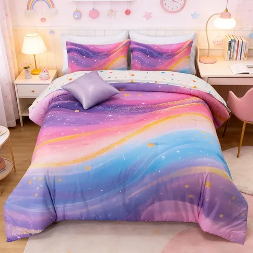 Vista 14 de Btargot Juego de edredón súper suave de 6 piezas con patrón de estrellas en degradado y anillo, juego de ropa de cama con rayas onduladas