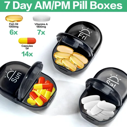 Vista 4 de Serfeymi Pastillero semanal de viaje 2 veces al día AM PM pastillero negro actualizado 7 días con cremallera portátil de lona pastillero