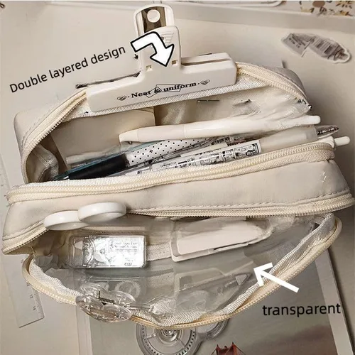 Vista 3 de Estuche para lápices estético transparente, estuche estético para lápices, bonito estuche grande para lápices estético (beige)
