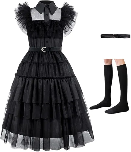 Vista 2 de Zalongye Disfraz de Wednesday addams para niñas, disfraz de la familia Addams, vestido de fiesta de Halloween con cinturón, 4-12 años