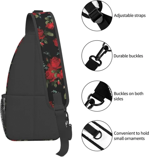 Vista 4 de Junong Bolso bandolera bandolera para viajes, senderismo, pecho, mochila deportiva para mujeres y hombres, Patrón floral de rosas rojas