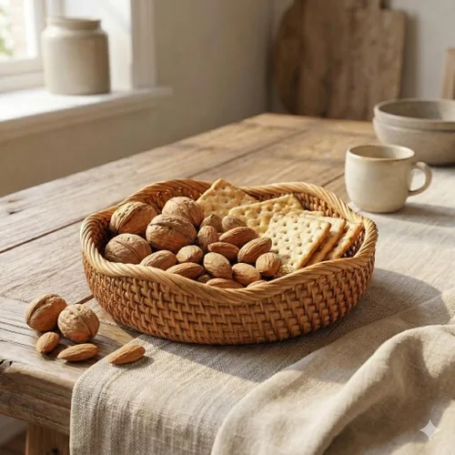 Vista 2 de YANGQIHOME Cesta de pan de ratán, cestas de frutas redondas, cuencos de almacenamiento de mimbre, cuencos de cesta de servicio tejida natural