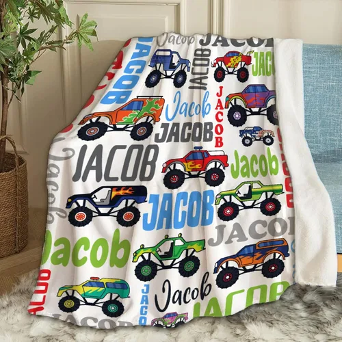 Vista 24 de Manta de Bebé Personalizada con Camiones de Construcción Personalizados Camión Volquete Mantas con Nombre para Niños y Niñas Manta Suave de Arrullo