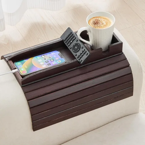 Vista 8 de GEHE Soporte para tazas de sofá de bambú, bandeja de brazo de sofá antiderrames, natural y fácil de limpiar, bandeja para reposabrazos perfecta