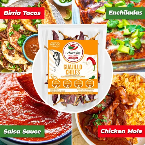 Vista 2 de Guajillo Chiles Secos Enteros 4 oz – Natural y Premium. Ideal para recetas mexicanas como mole, tamales, salsa, carnes. Calor suave a medio, sabor
