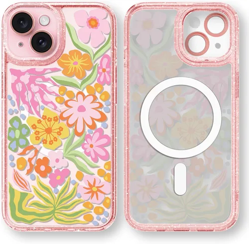 Vista 130 de Compatible para iPhone 13 Funda Bonita Estética - Funda para Teléfono Rosa con Purpurina con Protector de Cámara - Diseño de Cubierta