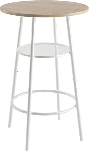 Vista 7 de Juego de mesa de bar de 3 piezas con 2 taburetes de bar, respaldo y partición, elegante y funcional (roble blanco)