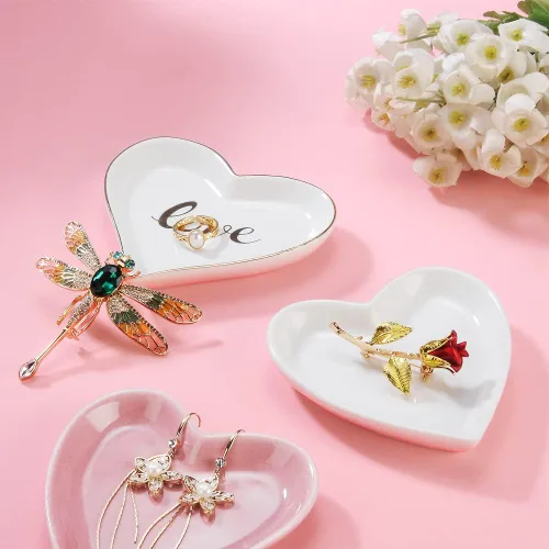Vista 2 de JAMEND CLXP 2 platos de compromiso para anillos de boda para recién casados, decoración del hogar en forma de corazón, bandejas de cerámica