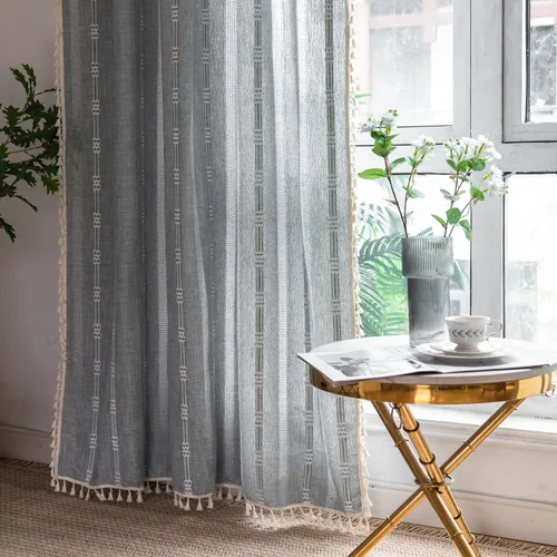 Vista 13 de Cortinas de lino de granja estilo bohemio Aveboll de 63" 84" 96" pulgadas de largo, juego de 2 paneles, cortinas modernas y rurales con bordado