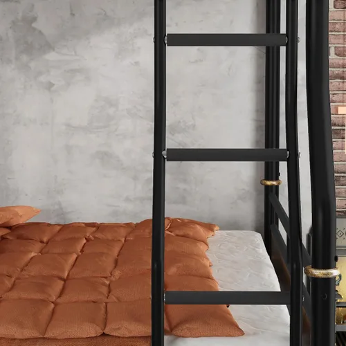 Vista 7 de KEIKI Litera desmontable de metal tamaño matrimonial XL con escaleras, cabecera de MDF y barandilla, literas modernas con listones sólidos,