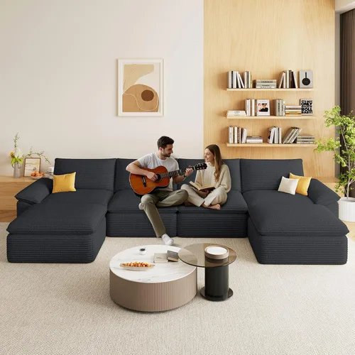 Vista 13 de Sofás modulares de 113.03 pulgadas para sala de estar, sofá modular moderno con sofás en forma de L, sofá tapizado de pana sin hueso, asiento Negro