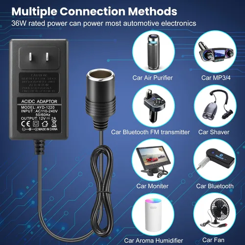 Vista 3 de Convertidor de 110V CA a CC 12V 2A 24W, adaptador de encendedor de cigarrillos a enchufe de pared 110-240V, adaptador de fuente de alimentación