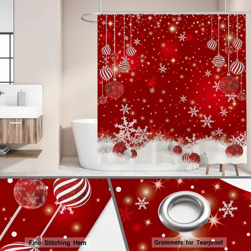 Vista 4 de Funnytree 72"x72" Cortina de ducha roja con copos de nieve de Navidad, brillantes, chispeantes, con efecto bokeh para decoración de baño, lavable a