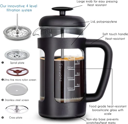 Vista 3 de Easyworkz French Press - Cafetera de 12 onzas con vidrio de borosilicato, mango de agarre suave