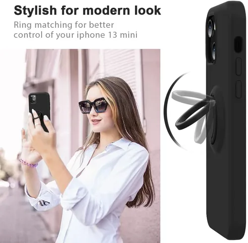 Vista 3 de MOCCA Funda compatible con iPhone 13 Mini con soporte de anillo, silicona líquida, forro de microfibra, funda protectora antiarañazos, a prueba