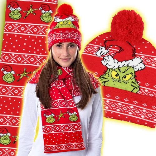 Vista 5 de Dr. Seuss The Grinch Who Stole Christmas - Juego de bufanda de punto y gorro de pompón, Rojo