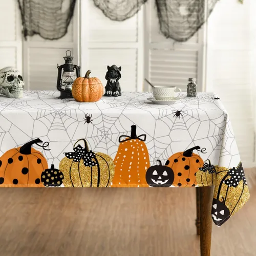 Vista 8 de Horaldaily Mantel rectangular de Halloween de 52 x 70 pulgadas, diseño de telaraña de calabaza con temática de miedo, color negro, lavable