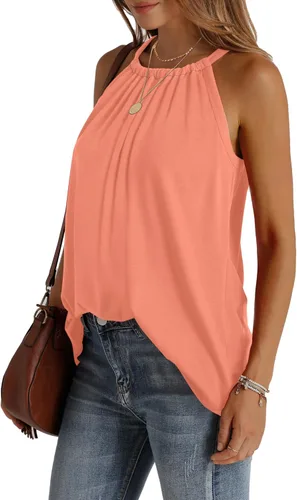 Vista 3 de WIHOLL Camisetas sin mangas de verano con cuello halter para mujer, plisadas, holgadas, sin mangas