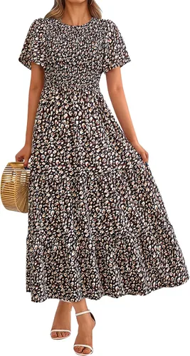 Vista 19 de PRETTYGARDEN - Vestido largo casual de verano para mujer, manga corta acampanada, bohemio, floral, cuello redondo, vestido blusón, escalonado