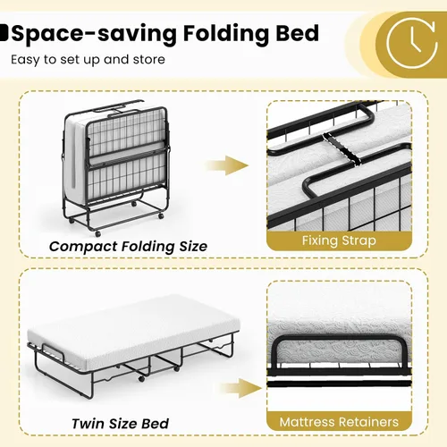 Vista 6 de Giantex Cama plegable individual con colchón, cama portátil enrollable con marco de metal resistente, cama plegable que ahorra espacio con colchón