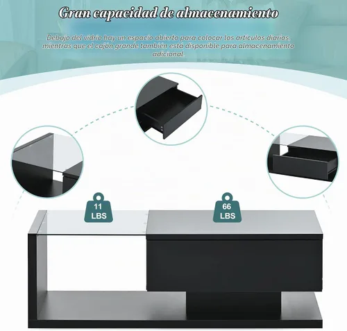 Vista 6 de LUMISOL - Mesa de centro moderna con cajón de almacenamiento para sala de estar, color negro Mesa central de alto brillo con vidrio templado, mesa