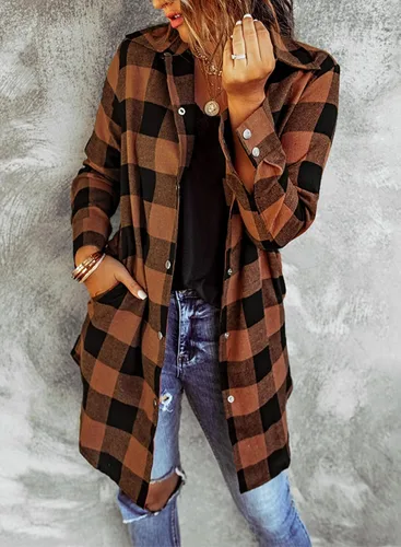 Vista 2 de EVALESS Chamarra a cuadros de bloque de color para mujer, moda de otoño 2023, trajes de manga larga con botones de franela, abrigos